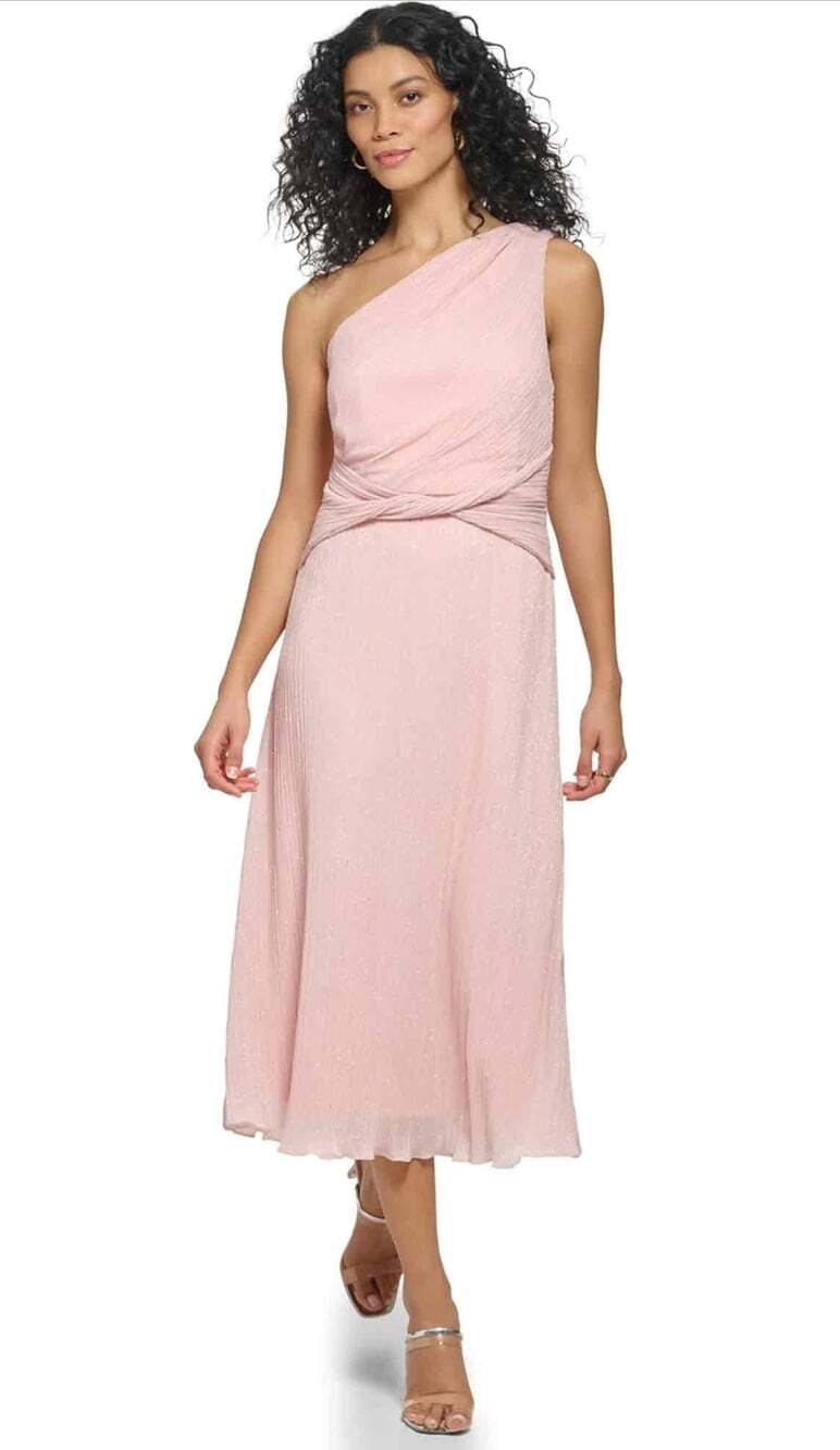 NWT Womens Pink One Shoulder Pleated Midi Dress Size 4 Apricot Elegant Formal